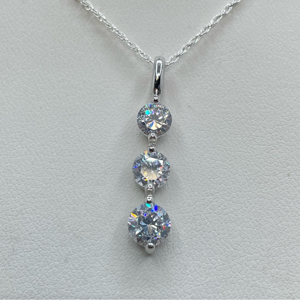 Sterling Silver Diamond White CZ Drop Necklace 3 Stone Pendant Dainty Sparkly